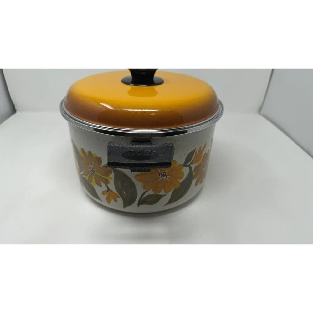 JMP Capri Enamelware Double Handle Pot with Lid Retro Floral Vtg 6 Quart